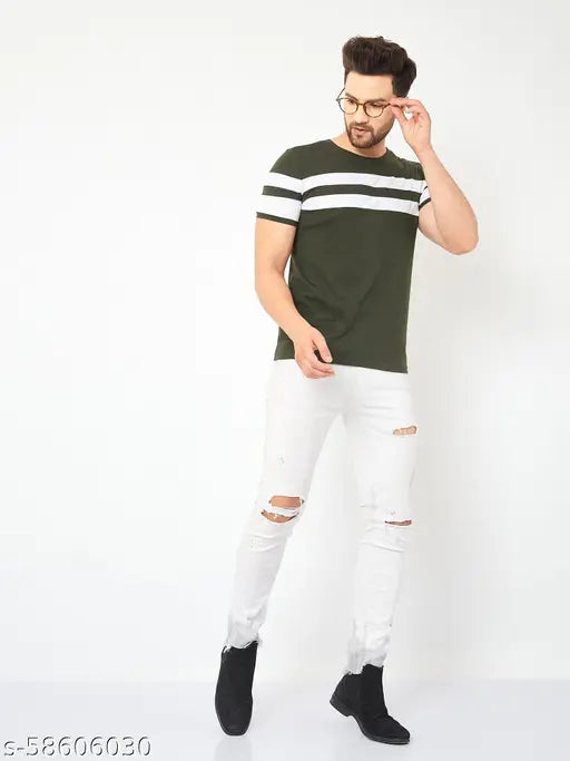 Green cotton blend AUSK t-shirt, horizontal stripes for men with short sleeves, country of origin: India