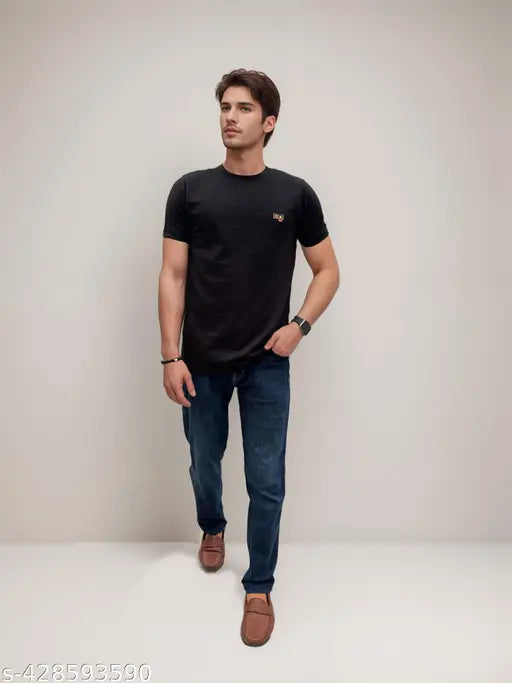 Black cotton blend, trendy round neck t-shirt for men, double stitched and soft, suitable for casual wear