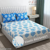 Blue botanical print cotton blend fitted double elastic bedsheet with 2 pillow covers, ideal for summer - LOPUNNY