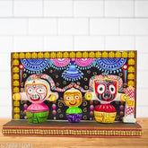Ceramic God Idol - The Holy Trinity on Majestic Singhasana, Indian Jagannath Murti, 20 cm L x 12.5 cm H x 4 cm B