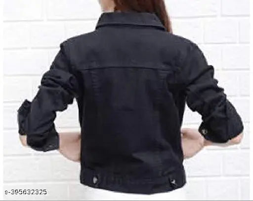 Black cotton-blend women's denim jacket, solid style with long sleeves - XL, 40" bust and 21" length
