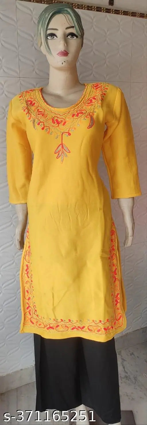 Yellow Haldi Woolen Kurti with Jari Wool Embroidery on Neck and Border