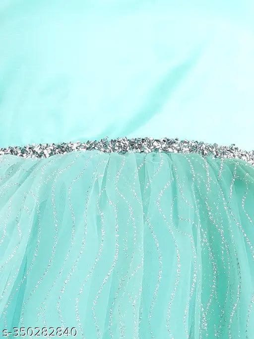 Green embellished net knee length girls' party dress, toy balloon theme for 1-5 years