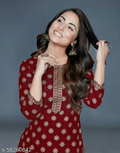 Maroon rayon Heena Khan kurta and palazzo set, premium printed design, AHINSA Fashion women's wear