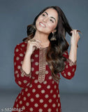 Maroon rayon Heena Khan kurta and palazzo set, premium printed design, AHINSA Fashion women's wear