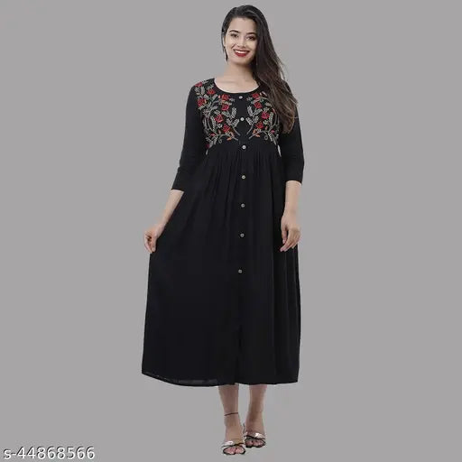 Black rayon embroidery kurta, three-quarter sleeves, Indian traditional clothing for women
