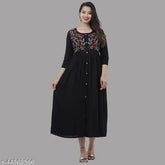 Black rayon embroidery kurta, three-quarter sleeves, Indian traditional clothing for women
