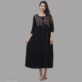 Black rayon embroidery kurta, three-quarter sleeves, Indian traditional clothing for women