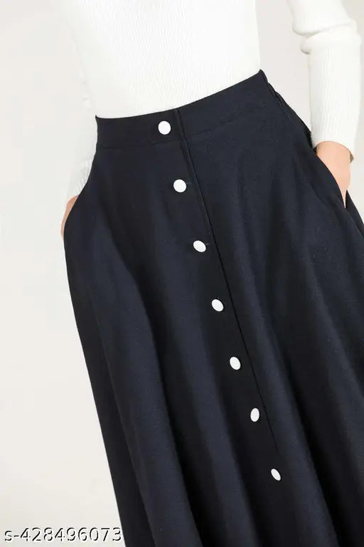 Black polycotton skirt for women, durable and wrinkle-resistant, suitable for formal occasions. Long-lasting, machine washable, available in sizes 26-34 (waist 26-34, length & hip 27in/40in), origin India