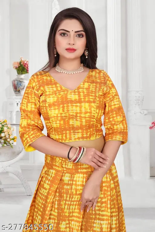 Fancy cotton silk Indian bridal lehenga-choli, tie & dye, semi-stitched. Sleeveless, 13-16 years, 100% quality. Accessorize with heels and jewelry for a stunning look