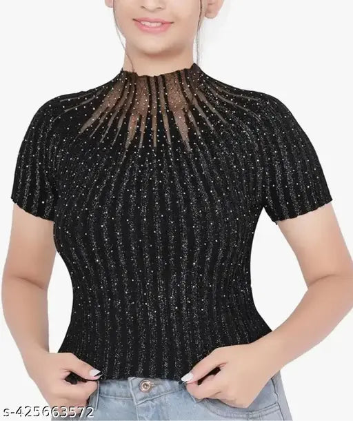 Trendy knit mesh crop top with sparkling rhinestone embellishments, stylish women's fashion blouse on mannequin, free size, made in India