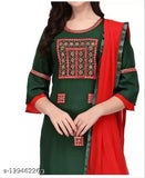 Embroidered rayon kurti set with dupatta and sharara, three-quarter sleeves in vibrant Indian style. Rayon fabric. Single size available in M, L, XL, XXL