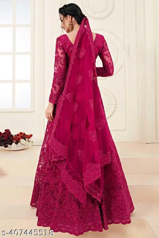 Wine embroidered net lehenga set with choli and dupatta, semi-stitched (waist 42in, length 44in), Indian handcrafted embellishments