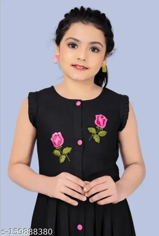 Trendy rayon party dress for girls (9-10, 10-11, 11-12, 12-13, 13-14, 14-15 years), knee length, round neckline, elastic waistband, GPO lace hem, perfect for events