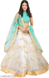 Embroidered silk and net Bollywood lehenga-choli set with dupatta, Indian fashion for free size