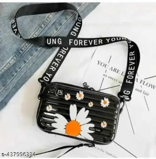 Black flower print PU box for girls, featuring one compartment, free size, made in India