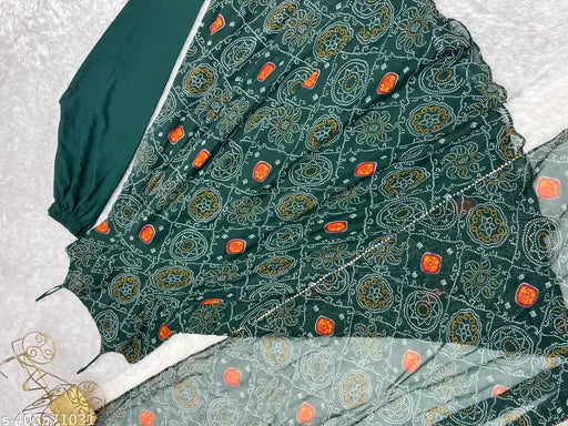 Dark green and pink Anarkali suit outfit, chiffon bandhej flair gown with fancy backless dori pattern - ready-to-wear for women's travel in Rajasthan