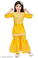 kids rayon A-line sharara set, embellished three-quarter sleeves, sizes from 0-3 months to 10-11 years (Indian kid's clothing)
