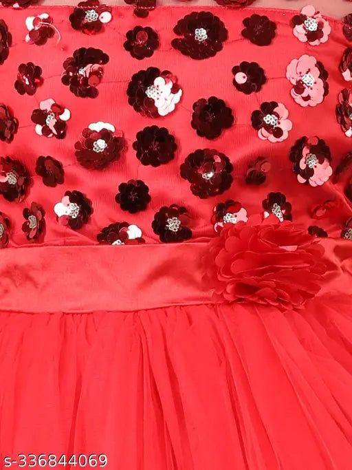Red layered hi-low girls party dress with embellished net pattern, sleeveless, 3-4 years size