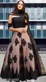 Embroidered black semi-stitched lehenga choli set on mannequin, Indian net fabric and intricate embroidery details