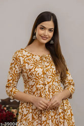 Rayon three-quarter sleeve floral printed Anarkali kurti for women, vibrant floral design on long dress