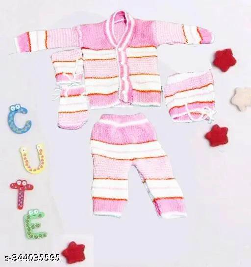 Wool striped new born baby winterwear combo, 4pc set for warm protection against cool winds (India)