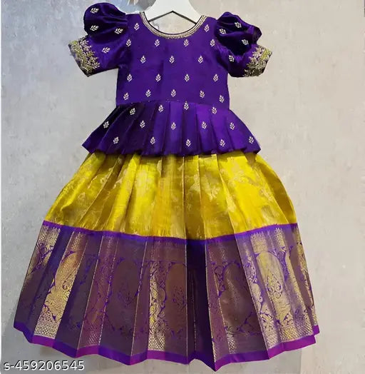 Soft silk lehenga and choli set for kids, printed with ethnic motifs, short sleeves, 2 pieces in various sizes from 12-12 years. Indian origin