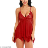 Women's free-size net nightsuit, ideal for dance parties or romantic evenings, featuring self-design lace work and adjustable cross spaghetti straps. Made in India