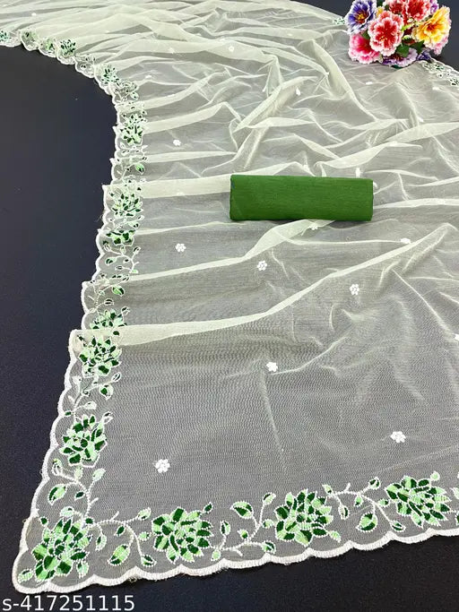 Embroidered super net saree with separate dupion silk blouse, traditional Indian design