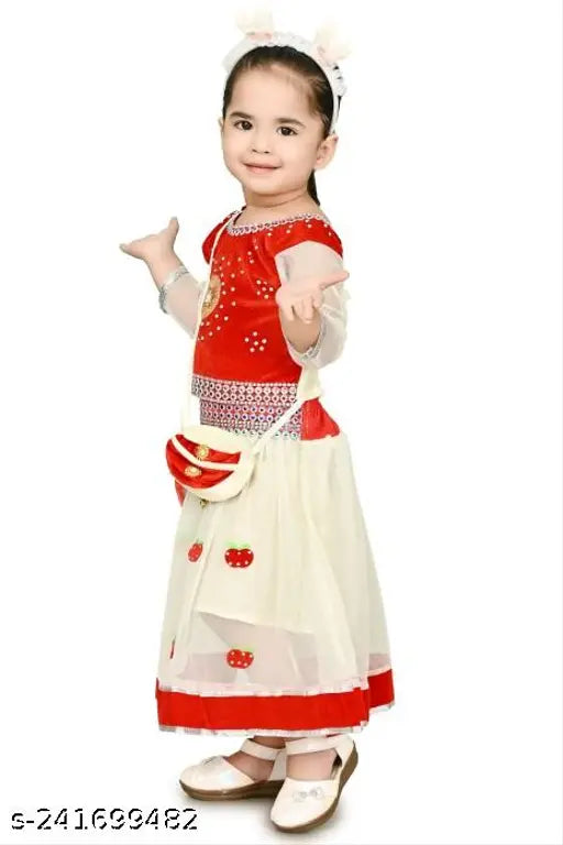 Embroidered net lahanga choli for girls, short sleeves and solid dupatta, Indian traditional wear for ages 1-9 years