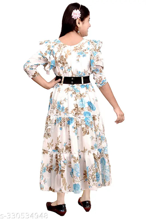 Blue floral printed designer ethnic gown for girls under 429, premium cotton blend casual dress with three-quarter sleeves, India origin
