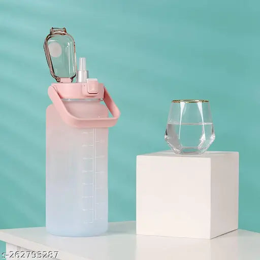 Non-Toxic pink sipper water bottle for office, gym, kids, adults - inspirational quote & time marker, wide mouth, 2L capacity