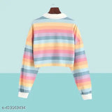 Pastel Colorful Rainbow Striped Cropped Polo T-Shirt: Soft, breathable, and eye-catching pastel stripes t-shirt in blue, pink, yellow, orange with classic white collar and full-length sleeves. Ideal for casual outings or adding a playful vibe to your ensemble. Made in India (124 characters)