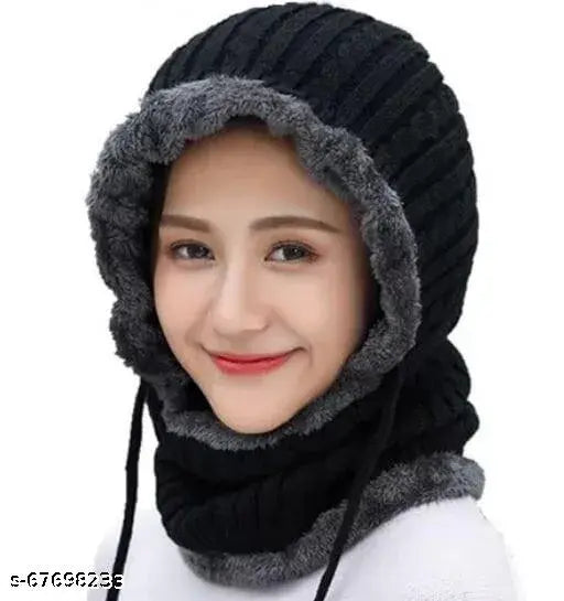 Black woolen beanie cap with scarf, air-proof fleece and fur lining - unisex winter accessory