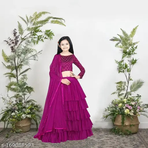 Kids cute fancy ruffle net lehenga choli, dupion silk and net, semi-stitched, 9-14 years, heavy satin silk blouse with embroidery work, heavy net flair, gift for daughter, India origin