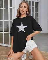 Black cotton t-shirt with sparkling rhinestones and sequins, loose long baggy fit for summer festivals or discotheques