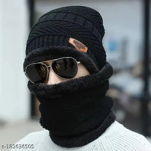 Woolen winter beanie cap with fur inside & neck scarf - Premium quality, thermal spun acrylic for men & women, hand-knitted feel, Indian origin