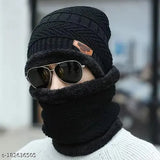Woolen winter beanie cap with fur inside & neck scarf - Premium quality, thermal spun acrylic for men & women, hand-knitted feel, Indian origin