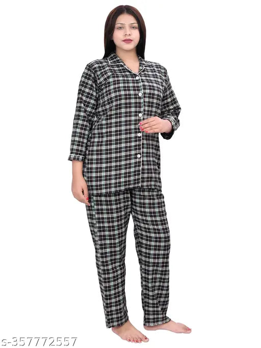 Green Cotswool Woolen Winter Pajama Set for Women - Long sleeves, collared neck, checked pattern. Hand wash only, long-lasting quality from NACNO