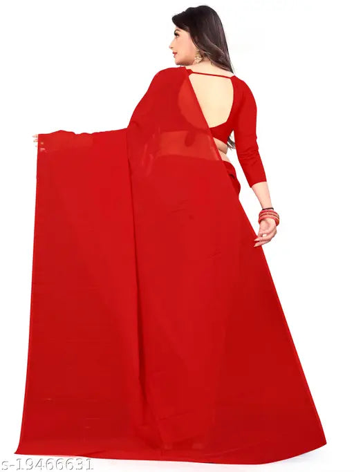 Red Georgette saree set with matching blouse, traditional Indian wear in solid pattern