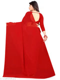 Red Georgette saree set with matching blouse, traditional Indian wear in solid pattern