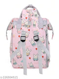 Pink polyester diaper bag with water-resistant oxford fabric, spacious with functional pockets and side wipe pocket, stylish yet practical maternity nappy bag