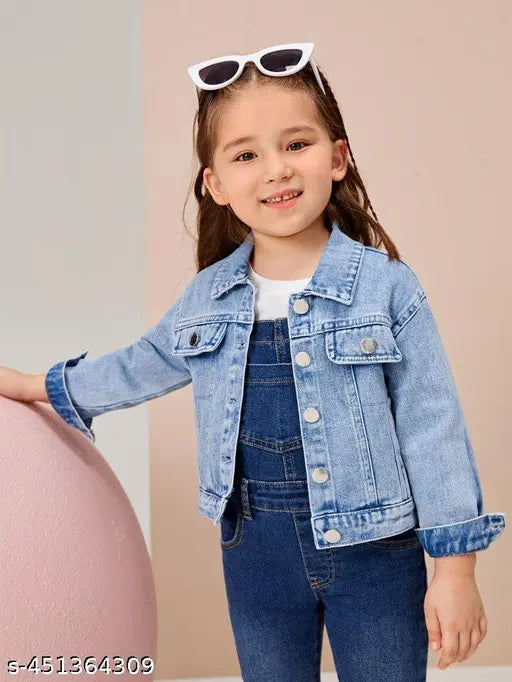 Light blue Swarovski embellished denim jacket for girls, size 3-4 years on mannequin