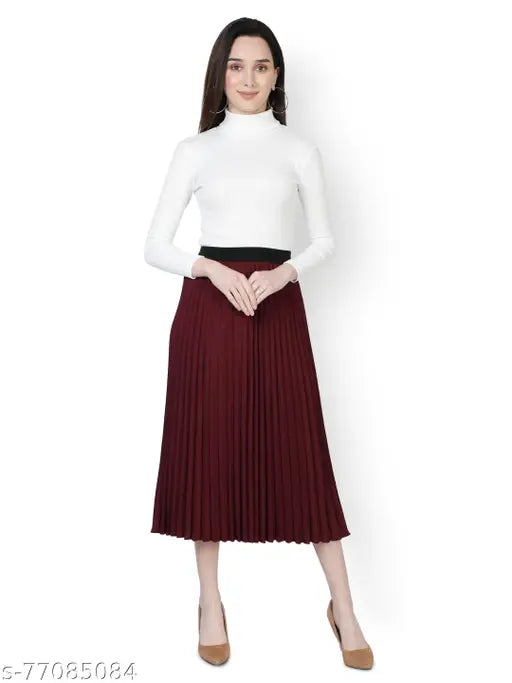 Polyester wine-colored pleated skirt, solid lycra and elasticated waistband for casual occasions