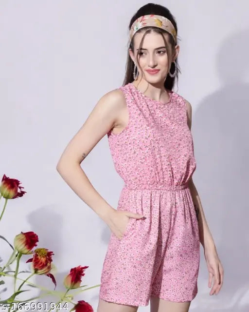 Pink floral print sleeveless summer short jumpsuit, crepe fabric, size XS (Bust-32/Waist-30)