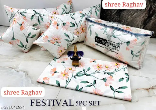 Digitat printed multi-colored cotton blend bedsheet set with embroidery (1 Double size + 2 Pillow Covers + 2 Cushion Covers), ideal for summer, made in India