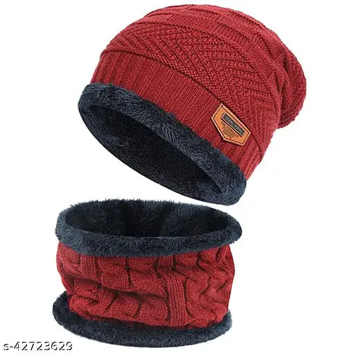 Wool winter beanie cap & neck scarf set, warm fur-lined in red. One size fits both men and women, perfect for chilly weather