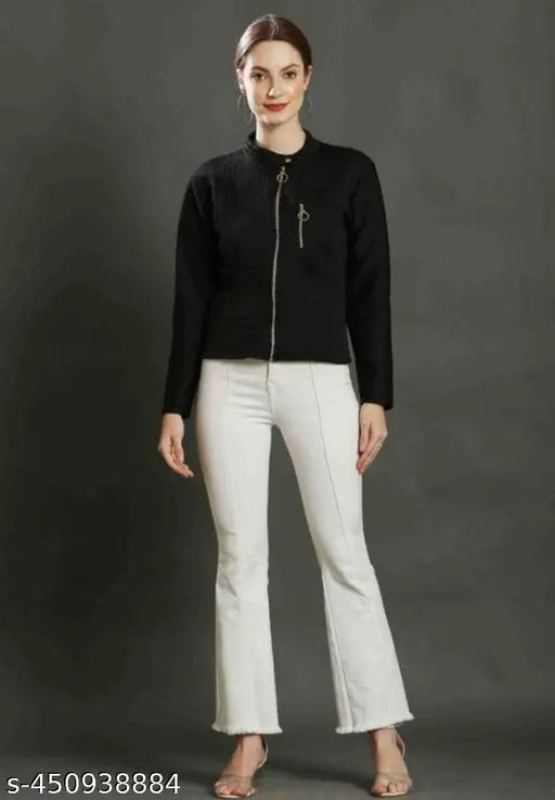 Stylish black woolen women's winter jacket, solid pattern, long sleeves