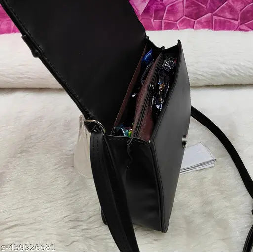 Black textured net canvas sling bag, 3 compartments, free size (9in L x 4in W x 7in H) - women's fashionable purse for college or everyday use