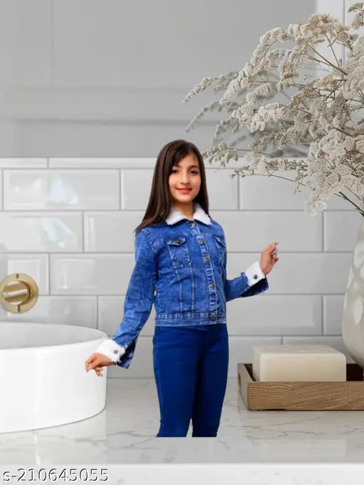 Blue denim jacket for kids, solid pattern, long sleeves, size suitable for girls